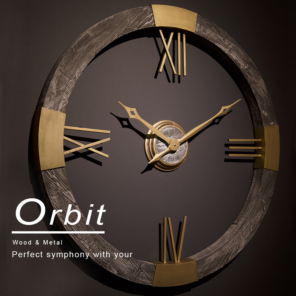 Orbit Wanduhr 90 cm – Grau & Gold | Moderne Wanduhr aus Holz & Metall von RH Clocks